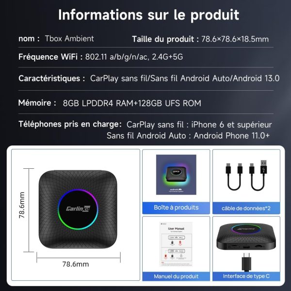 カーナビ CarlinKit Carplay Ai Box Plus 8+128GB CarlinKit Android 13 CarPlay AI BOX/version LED/adaptateur sans
