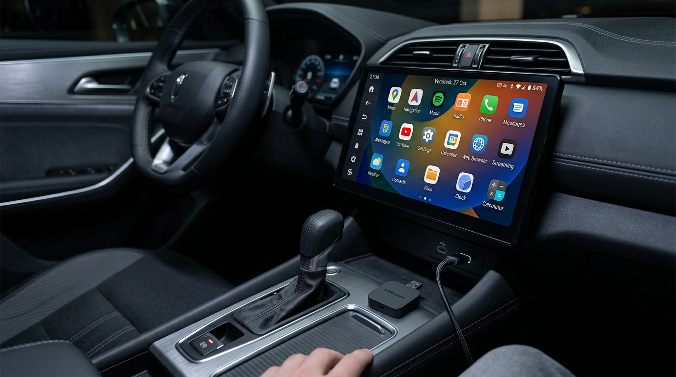 Écran de voiture affichant l'interface Android complète d'une carplay ai box