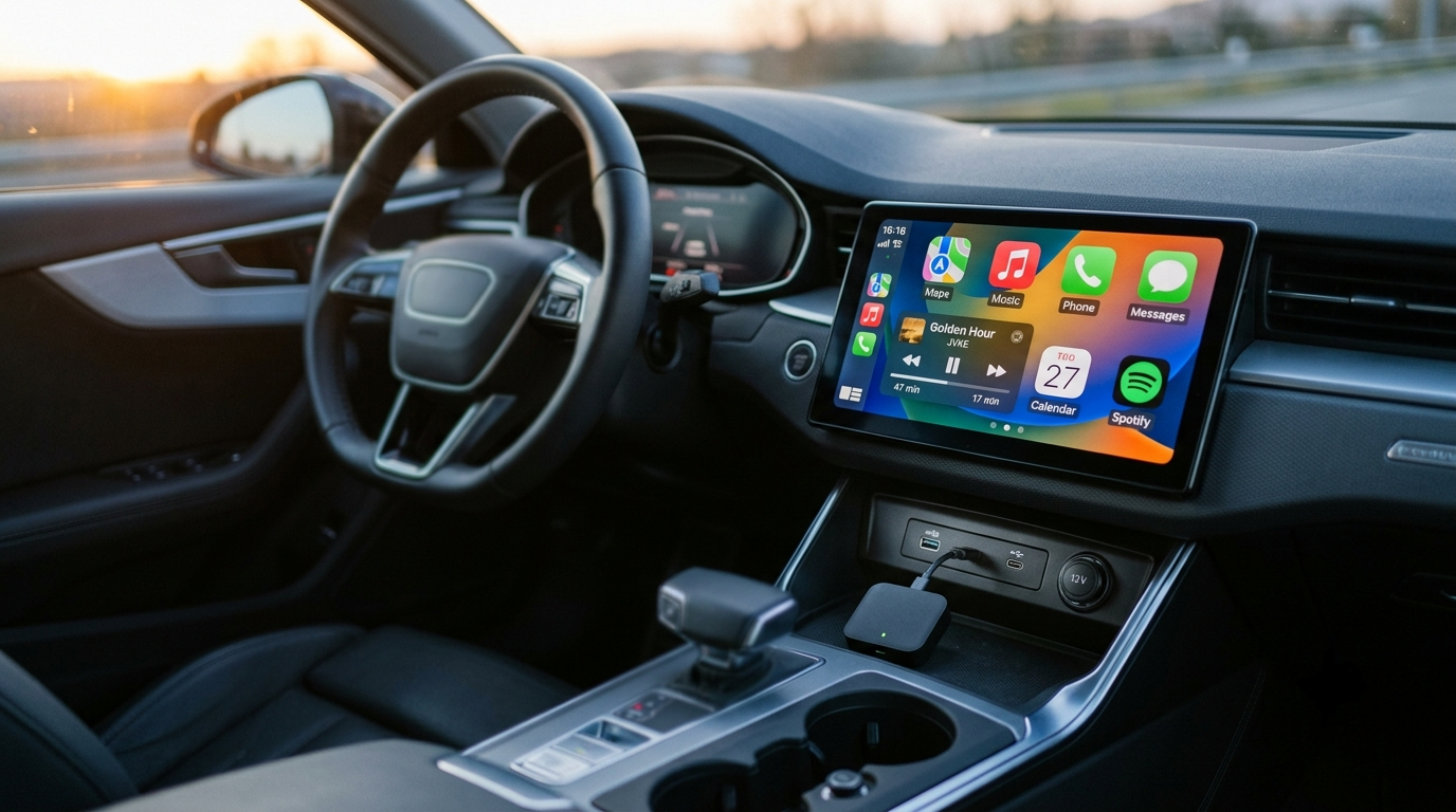 Boîtier CarPlay connecté au port USB, écran de voiture affichant l'interface CarPlay