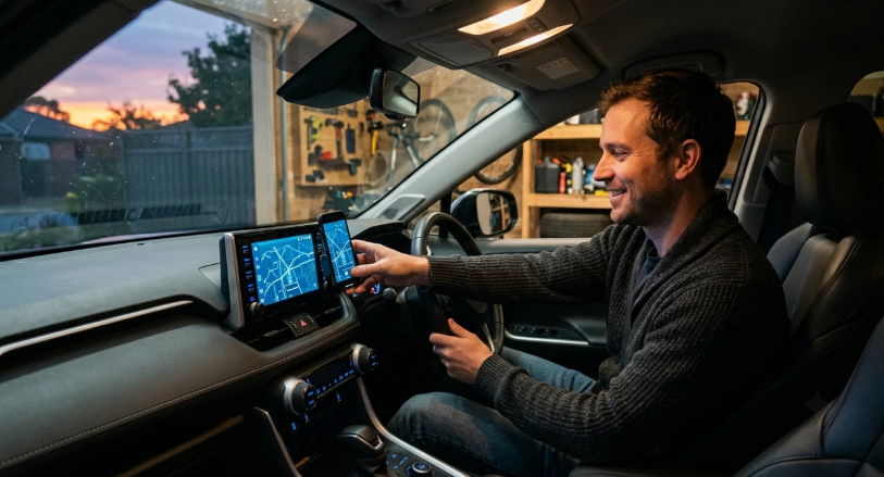 Conducteur souriant configurant le CarPlay sans fil dans son garage au coucher du soleil