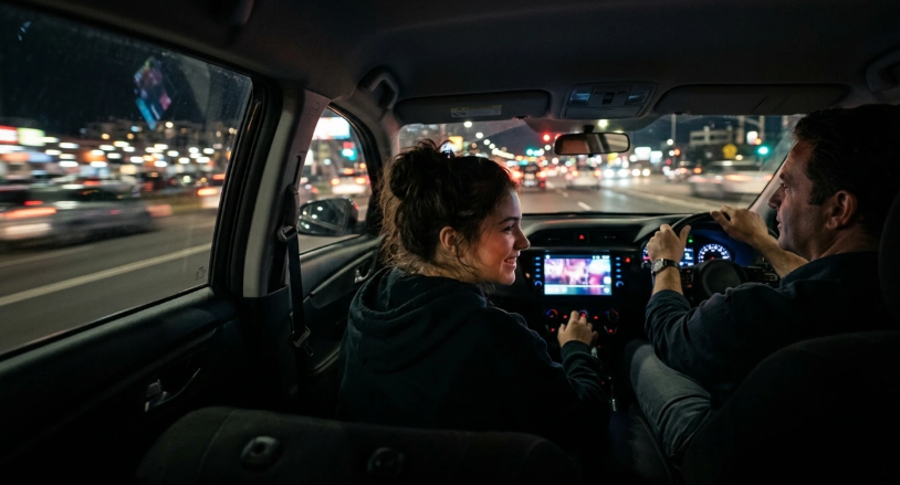 Passagère profitant du streaming multimédia sur l'écran de la voiture pendant un trajet nocturne