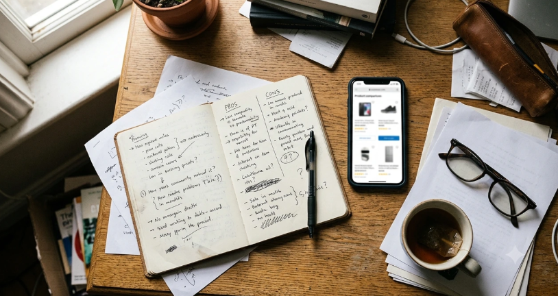 Notes manuscrites pour comparer les avantages et inconvénients avant un achat