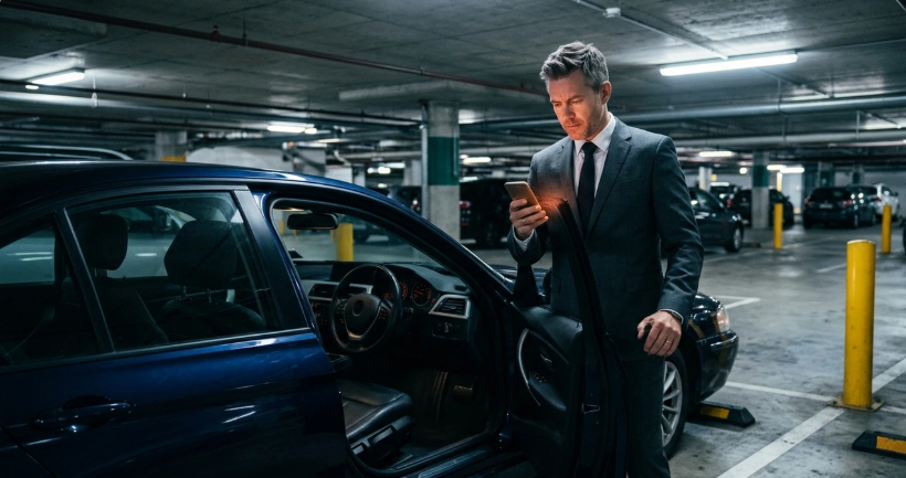 Conducteur BMW vérifiant la compatibilité sur son téléphone avant l'achat