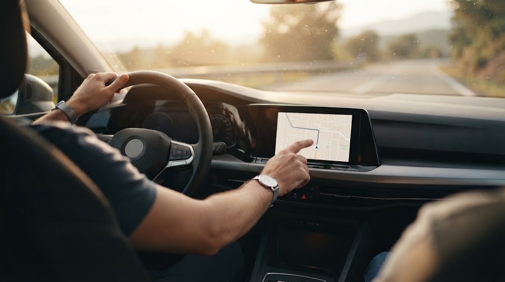 Conducteur utilisant la navigation CarPlay sur l'écran de sa voiture