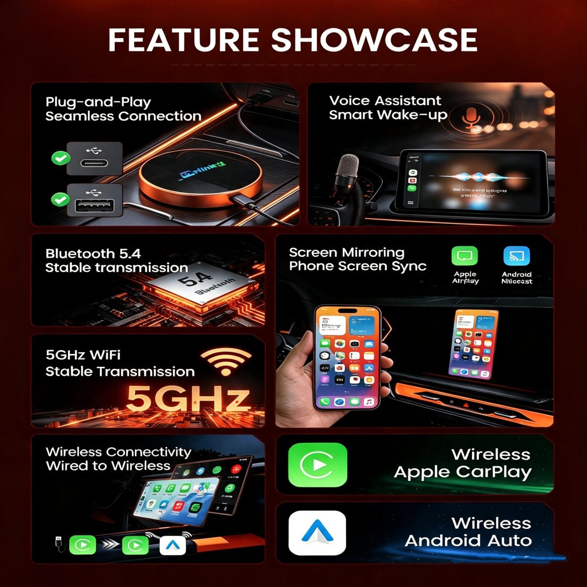 压缩5-1200x1200 Adaptateur CarPlay Sans Fil Carlinkit 4-en-1 — CarPlay, Android Auto & Recopie d'écran, WiFi 5,8GHz – Image 4