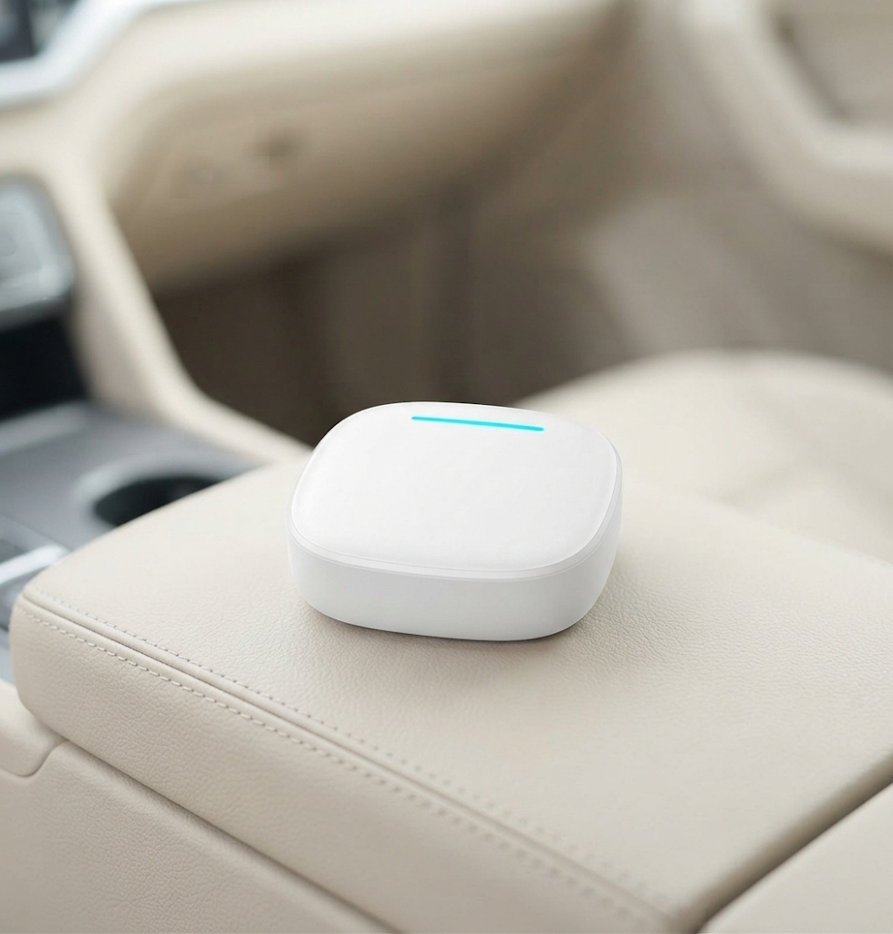 Boîtier Max Ultra AI posé sur la console centrale d'une Mercedes