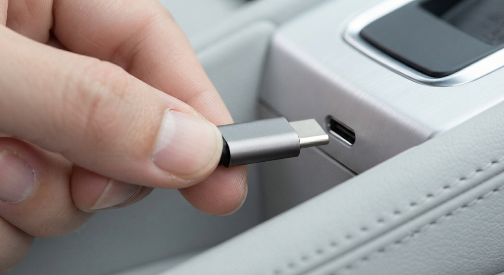 Branchement d'un câble USB-C dans le port de données d'une Mercedes
