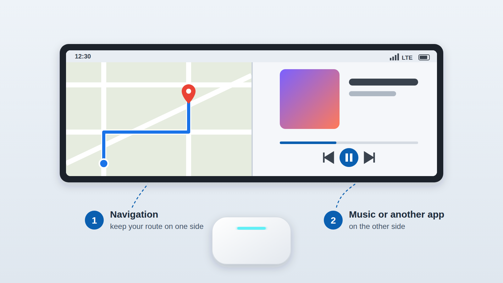 Écran partagé de la Tbox Max Ultra : navigation et application musicale côte à côte sur l'écran de la voiture