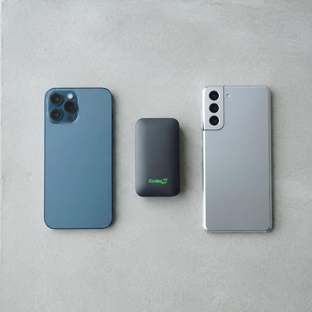 Un adaptateur Carlinkit posé entre deux smartphones différents, illustrant la compatibilité avec plusieurs téléphones