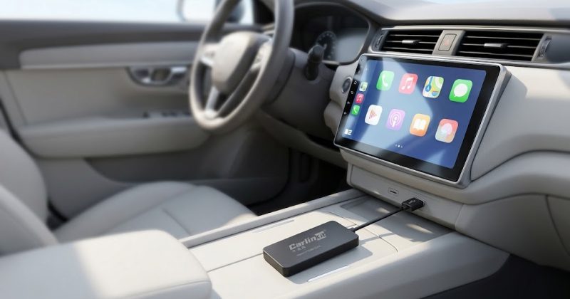 Autoradio Android avec un dongle CarPlay sans fil branché dans une voiture