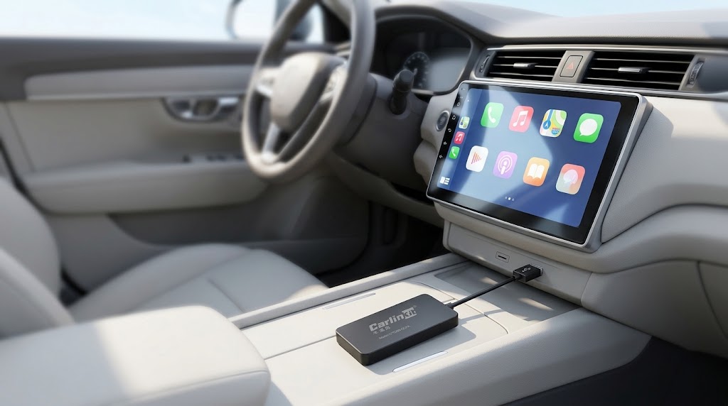 Autoradio Android avec un dongle CarPlay sans fil branché dans une voiture