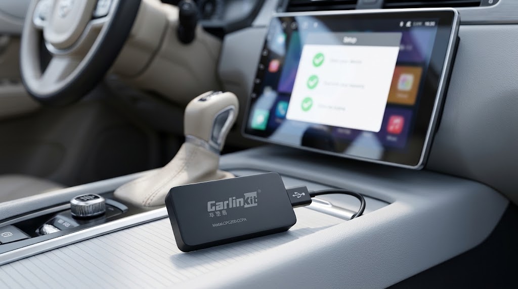Petit dongle USB blanc branché sur le port d'un autoradio Android, installation du Carlinkit CarPlay Dongle