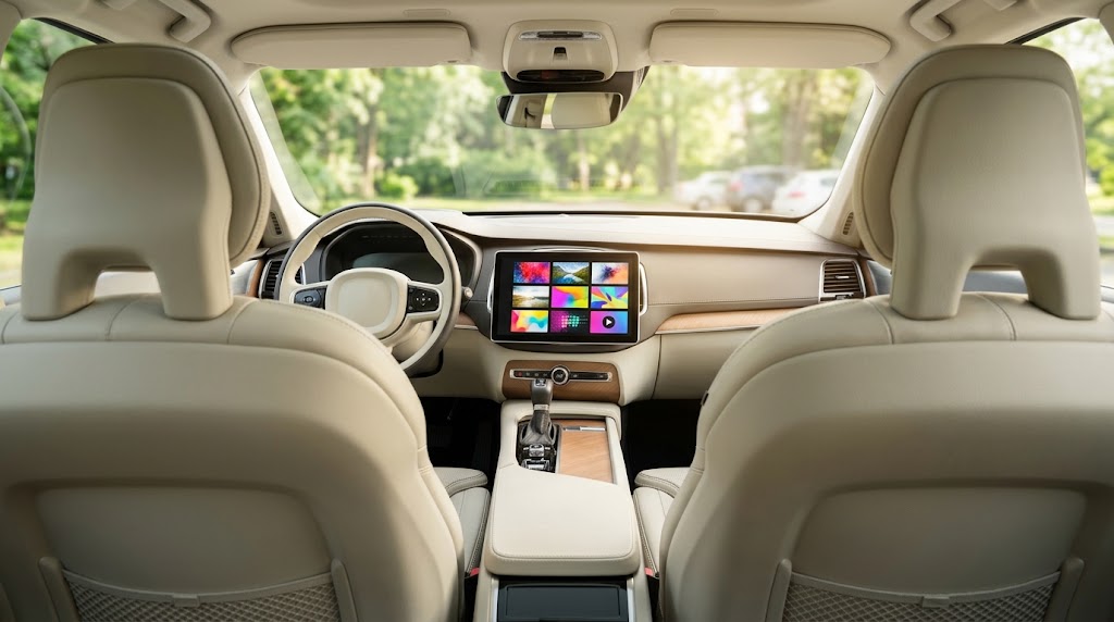 Boîtier CarPlay Android sans fil branché derrière l'écran tactile d'une voiture, vue intérieure lumineuse