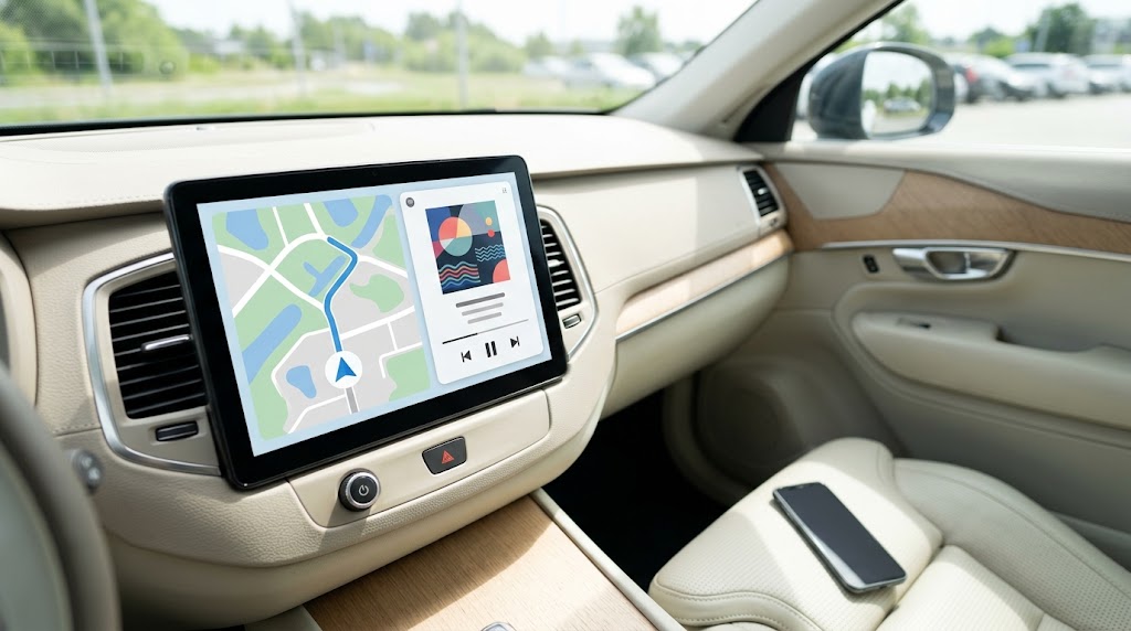 Petit boîtier Android posé sur la console centrale, relié à l'écran de la voiture