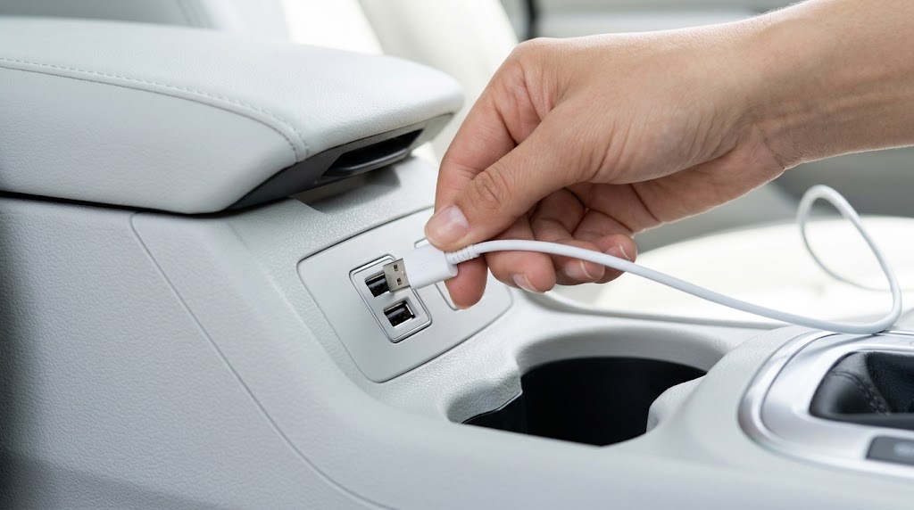 Câble USB branché sur la prise de l'autoradio pour installer un boîtier CarPlay sans fil
