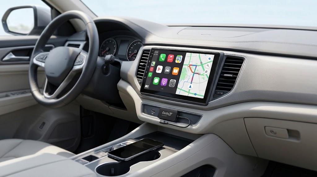 Écran de voiture affichant l'interface CarPlay sans fil après le jumelage du téléphone